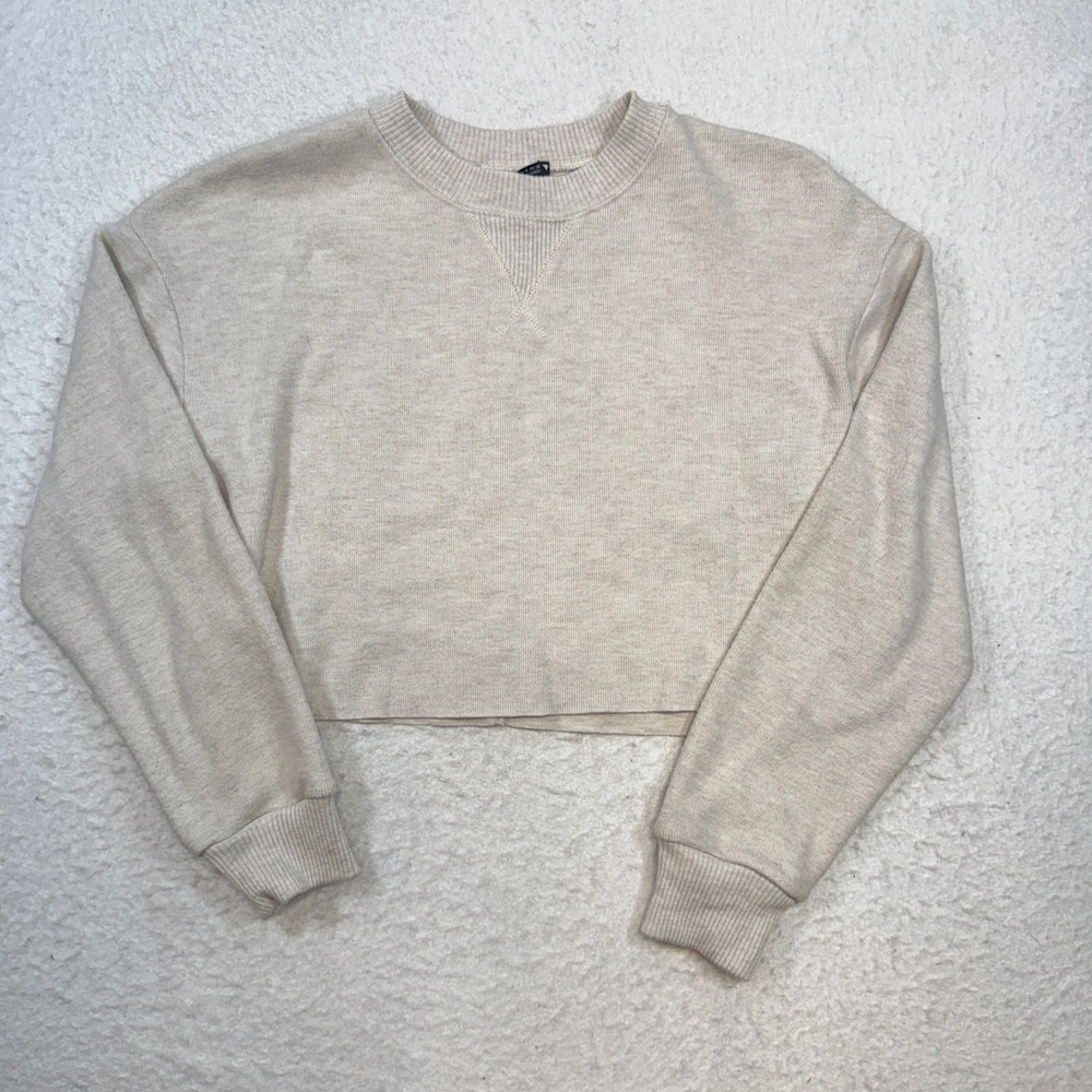 Zara Oatmeal Heather Cropped Sweatshirt Crew Neck Long Sleeve Beige Medium